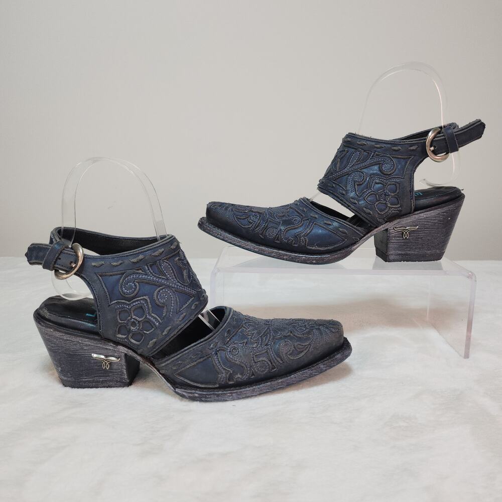 Lane Robin Slingback Mule Boots 5 Distressed Midnight Blue Floral Embroidered